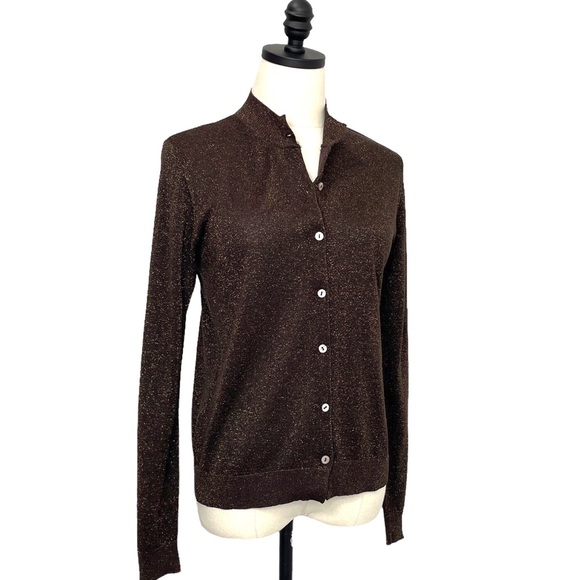Via Condotti Crew Neck Cardigan Brown with Gold Metallic Flecks Size Medium - Picture 2 of 11